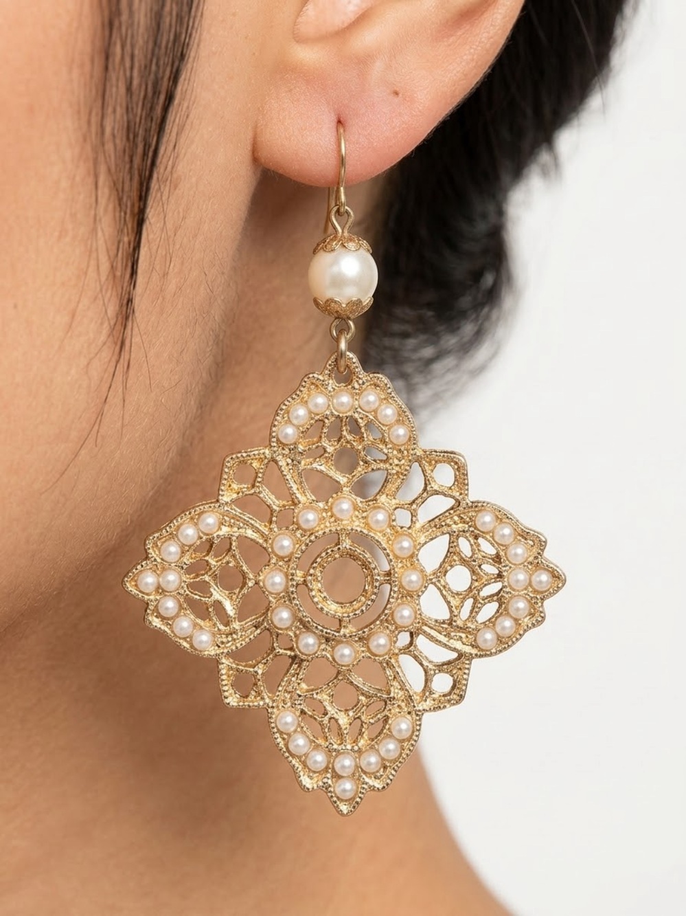 Gold Pearl Filigree Drop Earrings - Women Jewelry
